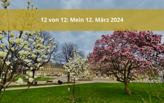 Featured photo with ochre ribbon at the top, white inscription "12 of 12: My March 12, 2024" - Magnolias on Stuttgart's Schlossplatz, the New Palace in the background - angiestravelroutes.com