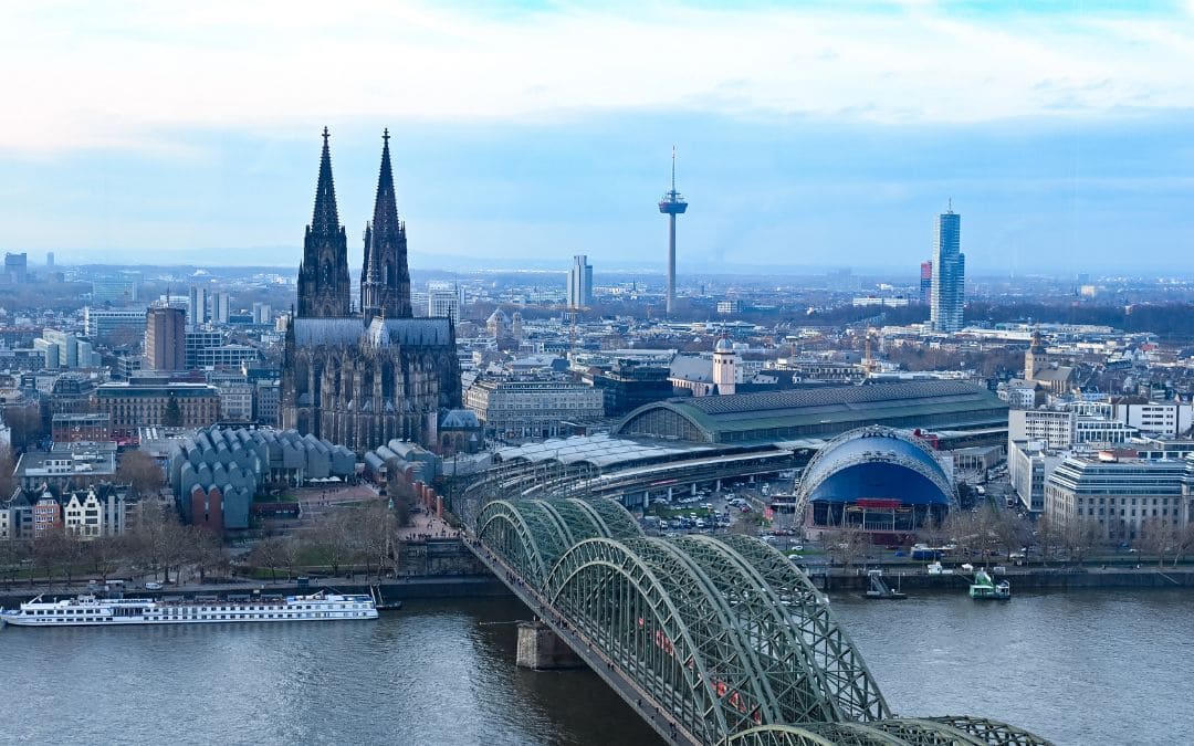 2-view-cologne-triangle View from the KölnTriangle of Cologne Cathedral, the Hohenzollern Bridge, and Cologne city center. - angiestravelroutes.com
