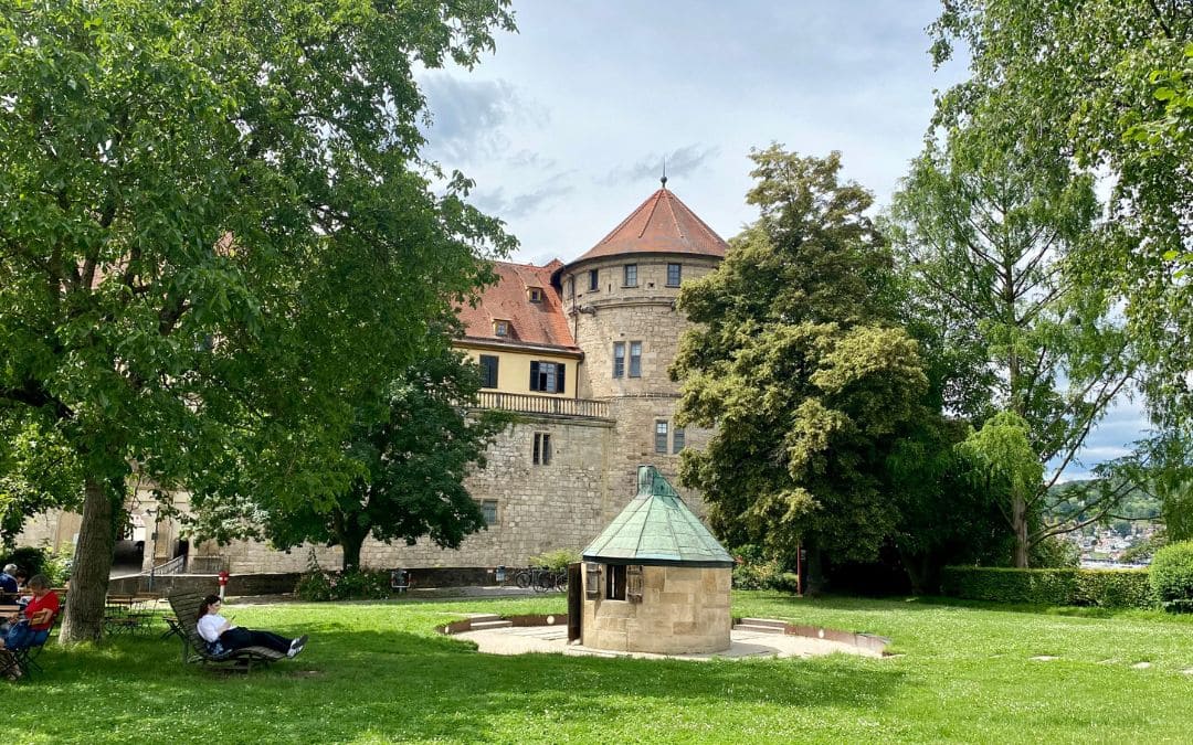 Tübingen, Hohentübingen Palace - part of the palace with the northeast tower, in front of it the former observatory - view from the palace garden - angiestravelroutes.com