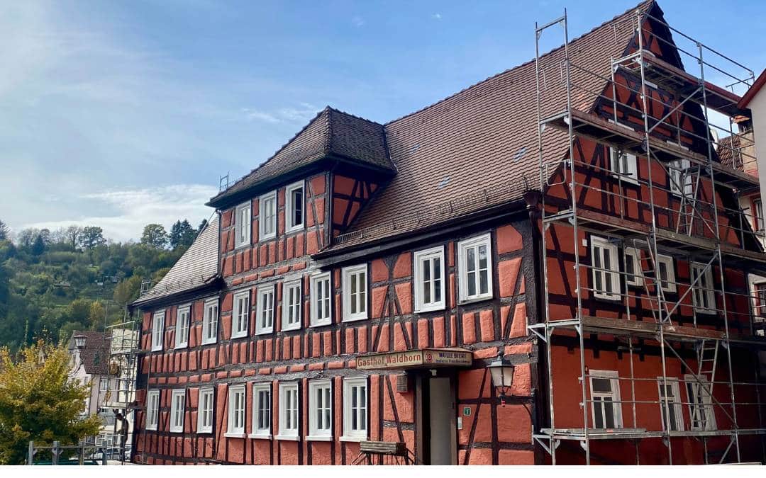 Altensteig, Gasthof Waldhorn - the gable end is scaffolded - angiestravelroutes.com