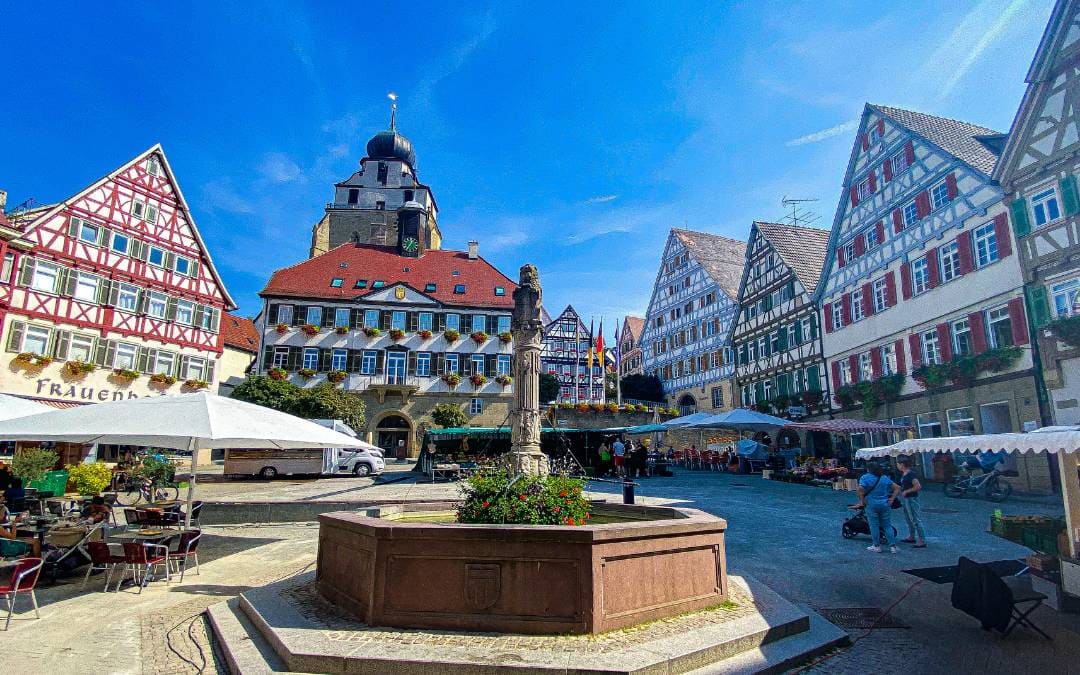 Herrenberg market square with market fountain, lined with half-timbered houses - angiestravelroutes.com