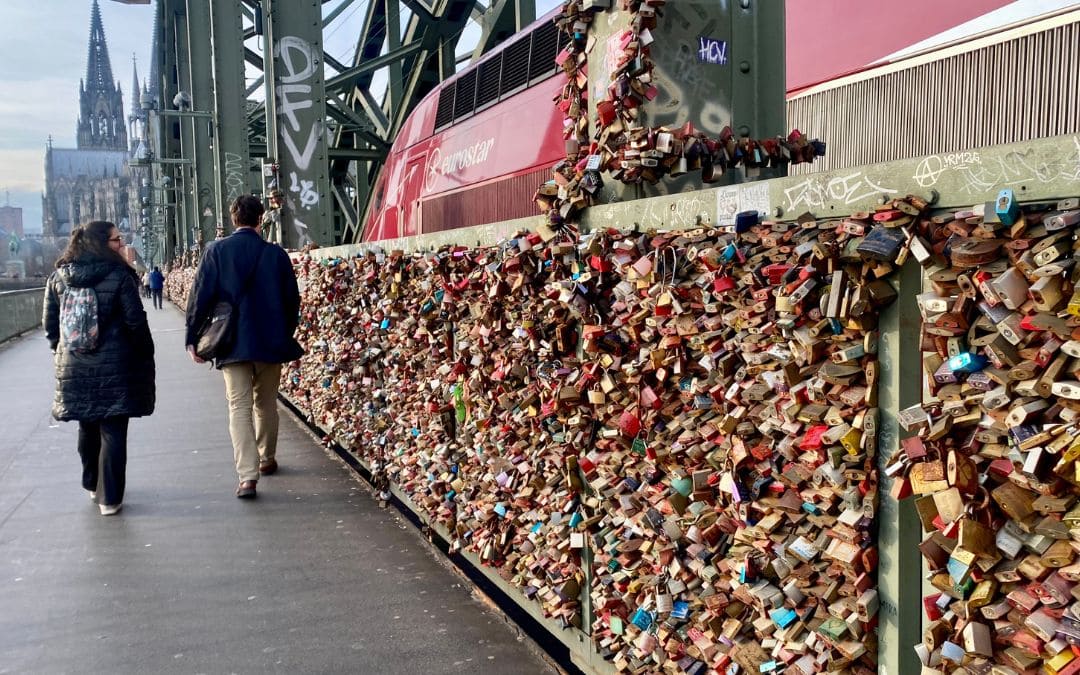 4-hohenzollern bridge padlocks Close-up of love locks on the Hohenzollern Bridge with Cologne Cathedral in the background. - angiestravelroutes.com