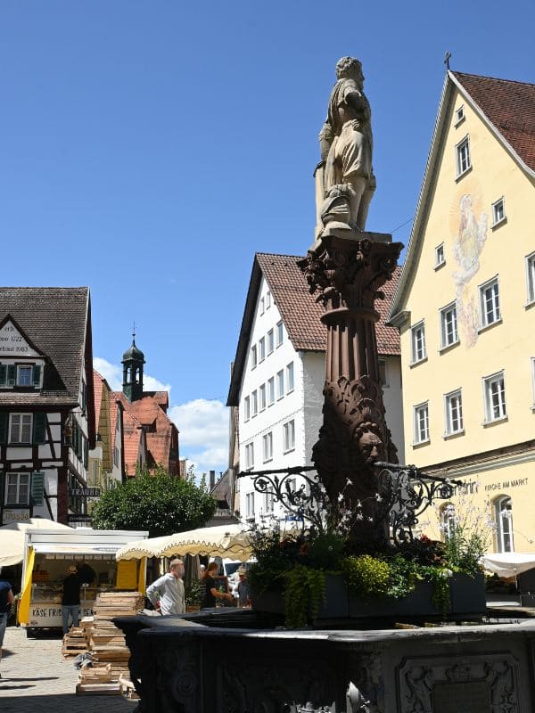 Sigmaringen, Marktbrunnen in der Fürst-Wilhelm-Straße - hinter dem Brunnen einige Marktstände und -besucher, schöne alte Häuser verschiedener Stilrichtungen rechts und links der Straße - angiestravelroutes.com