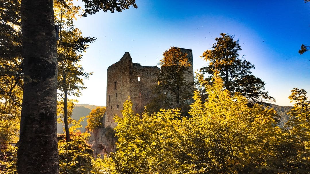 Burgruine Reußenstein, Neidlingen, Schwäbische Alb, Baden-Württemberg - im Vordergrund das herbstlich gefärbte Laub der Bäume, im Hintergrund strahlendblauer Himmel - angiestravelroutes.com