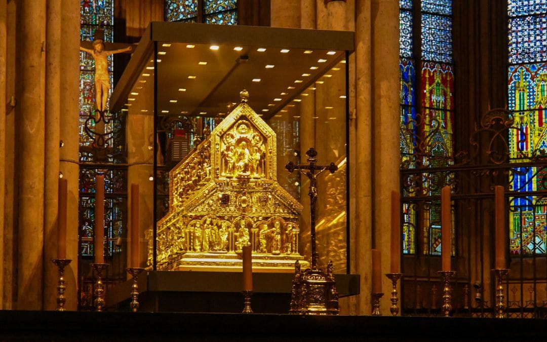 6-Cologne Cathedral-Shrine of the Three Kings Close-up of the Shrine of the Three Kings in Cologne Cathedral, a medieval reliquary made of gold and precious stones. - angiestravelroutes.com
