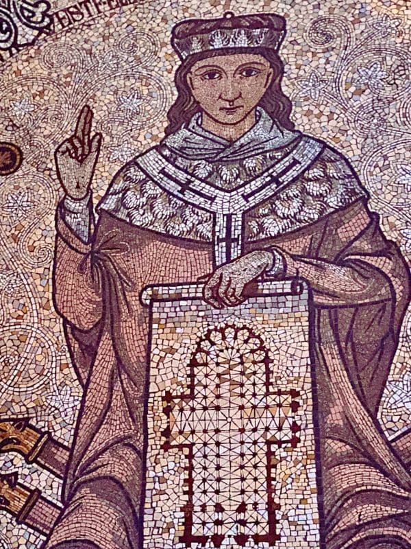 9-Cologne Cathedral Mosaic Konrad von Hochstaden Detail of the floor mosaic in Cologne Cathedral: Archbishop Konrad von Hochstaden and the floor plan of the cathedral. - angiestravelroutes.com