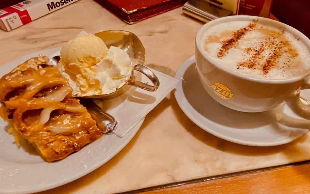 Old Town Cochem - Café Flair - Apple strudel with vanilla ice cream and whipped cream and a large cup of cappuccino - angiestravelroutes.com