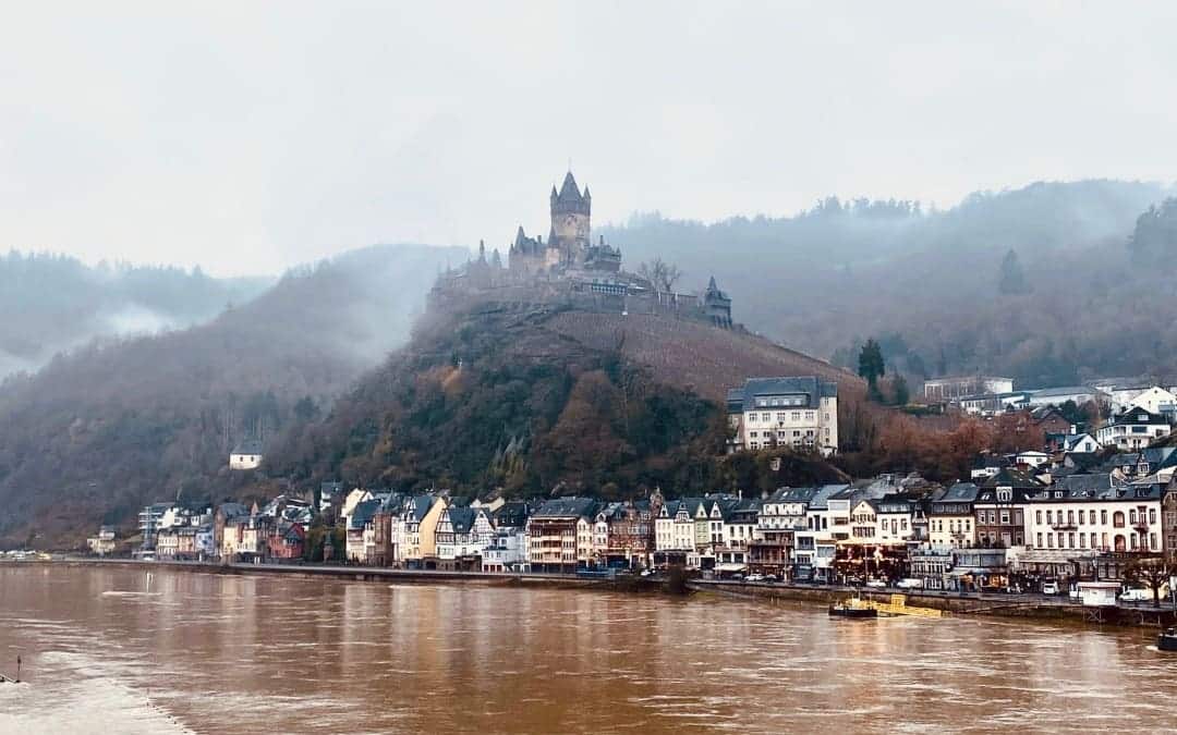 Cochem Castle above the old town of Cochem - View from the Skagerak Bridge - angiestravelroutes.com