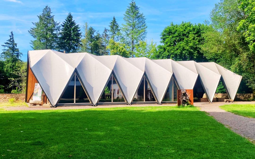 The striking, jagged architecture of the NABU Forest Information Center at the Neuhaus Forest House