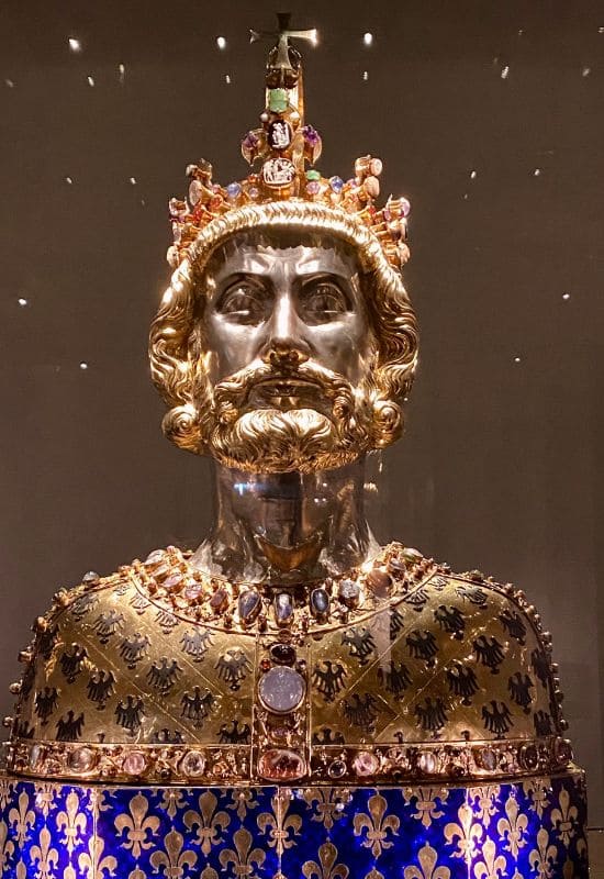 aachen-cathedral-treasury-karlsbueste Aachen Cathedral Treasury, Bust of Charlemagne - silver, partly gilded bust of Charlemagne with crown of lilies set with precious stones - angiestravelroutes.com