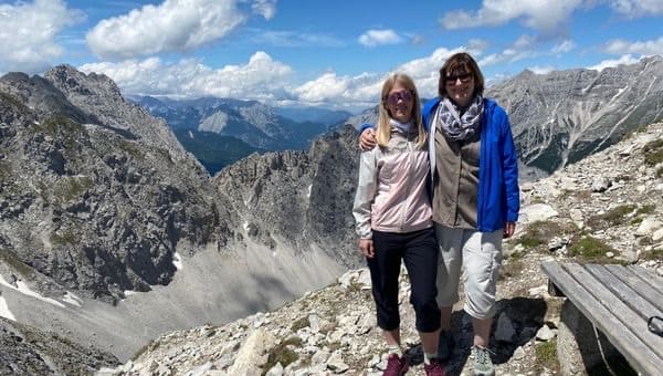 Anna and I in front of the magnificent mountain panorama on the Nordkette - angiestravelroutes.com