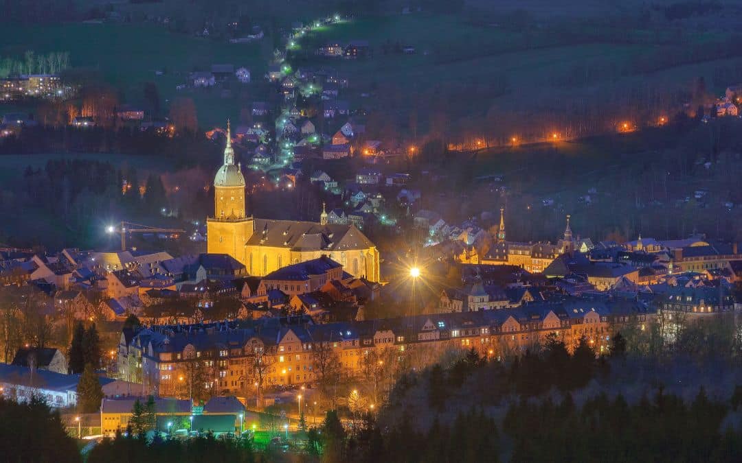 Annaberg-Buchholz - Night shot of the town from a vantage point, the illuminated St. Anne's Church is in the center of the photo