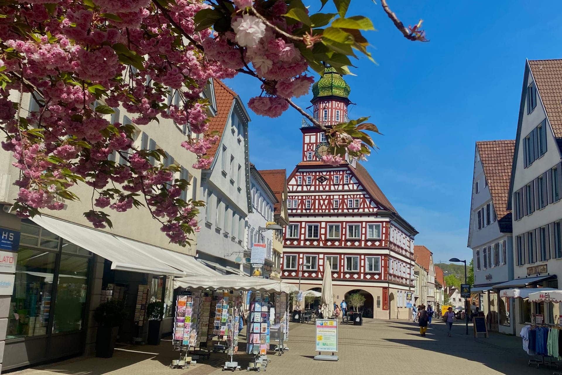 View from Kirchheim's Marktstraße (pedestrian zone with stores and cafés) of the half-timbered town hall with its curved tower dome - angiestravelroutes.com