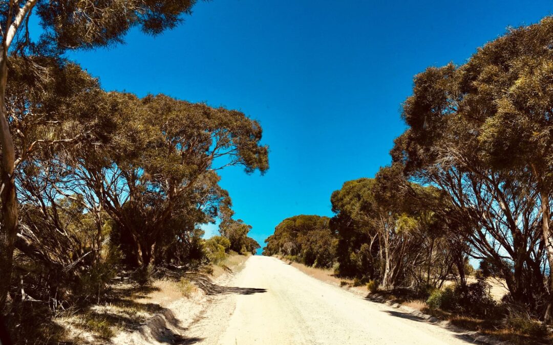 Beitragsbild - Roadtrip planen in 3 Schritten - unbefestigte Straße auf Kangaroo Island, Australien - angiestravelroutes.com