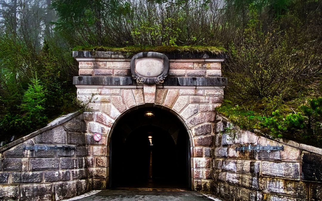 Berchtesgaden, Eagle's Nest - Entrance gate to the tunnel leading to the elevator, on a stone above the brick gate with round arch the inscription "1938" - angiestravelroutes.com