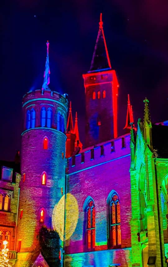 Hohenzollern Castle - the play of colors of the light show on the towers and walls of the castle - angiestravelroutes.com