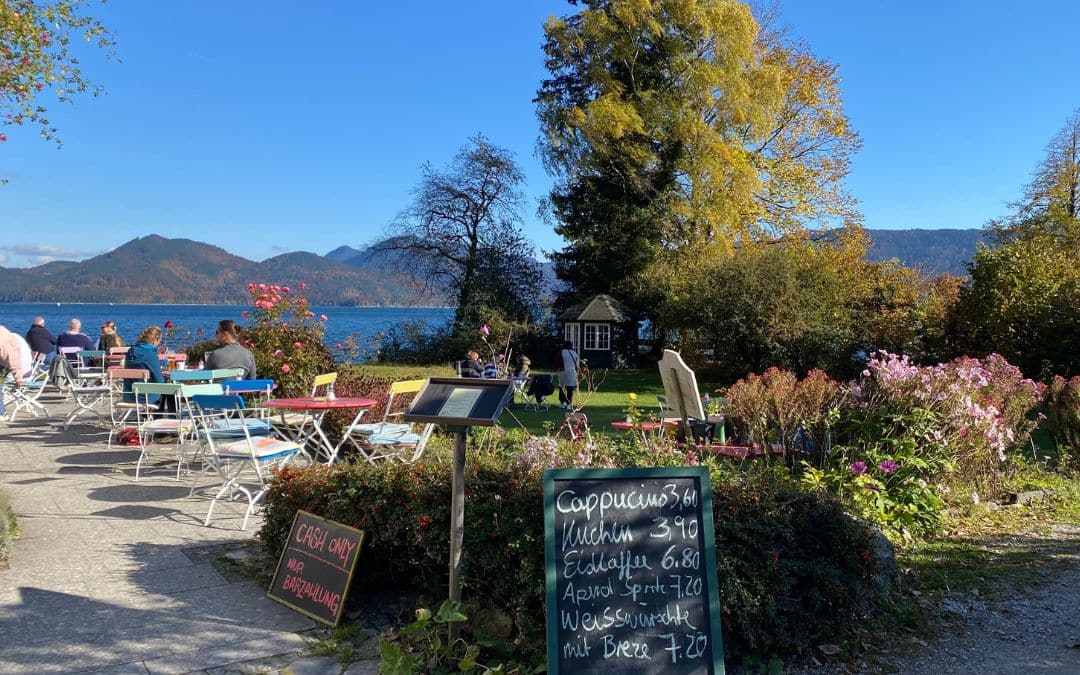 Walchensee, Bucherer beach café directly on the lake, with a beautiful terrace and tables on the lawn