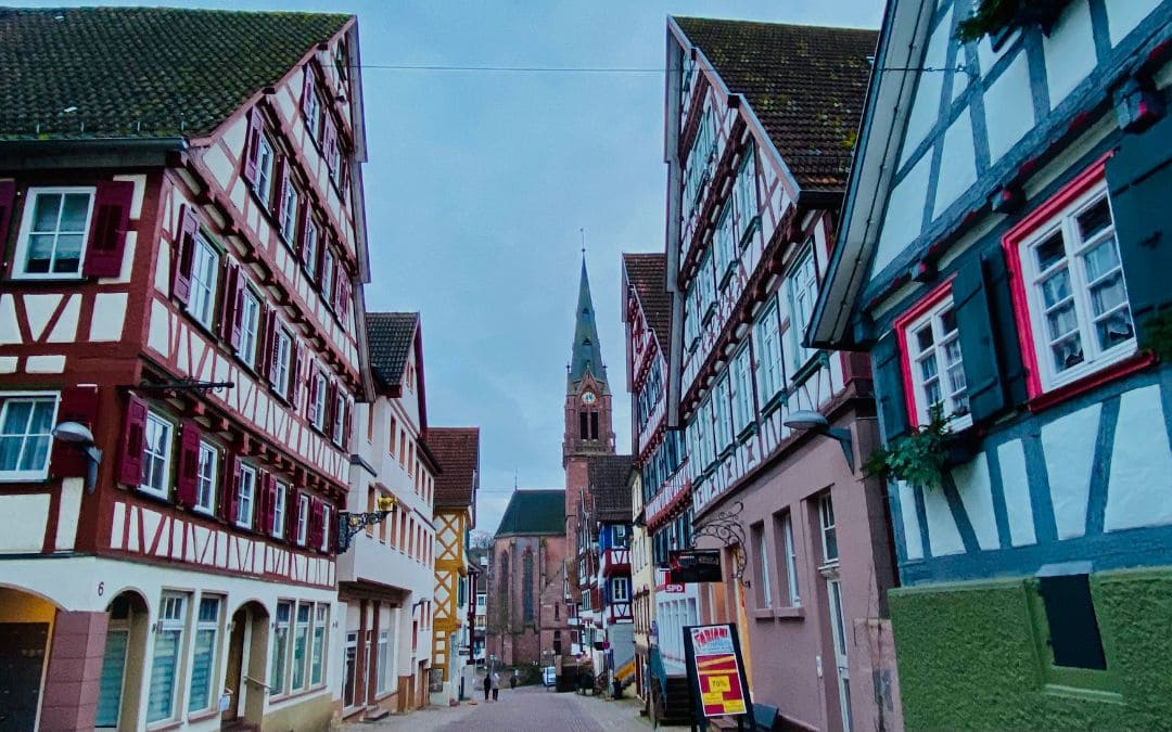 Calw - Altburger Straße, lined with half-timbered houses and with a view of the town church - angiestravelroutes.com