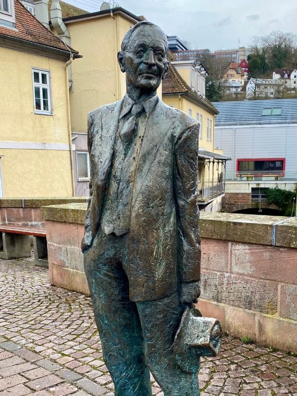Calw - Hermann Hesse statue on the Nikolausbrücke - angiestravelroutes.com