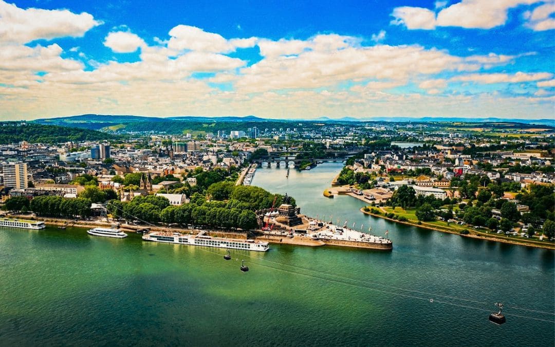 View from Ehrenbreitstein Fortress of the confluence of the Rhine and Moselle at the Deutsches Eck