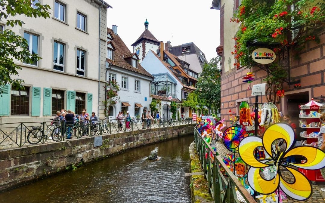 Freiburg im Breisgau: the Gerberau with the crocodile swimming in the water by sculptor Ole Meinecke.