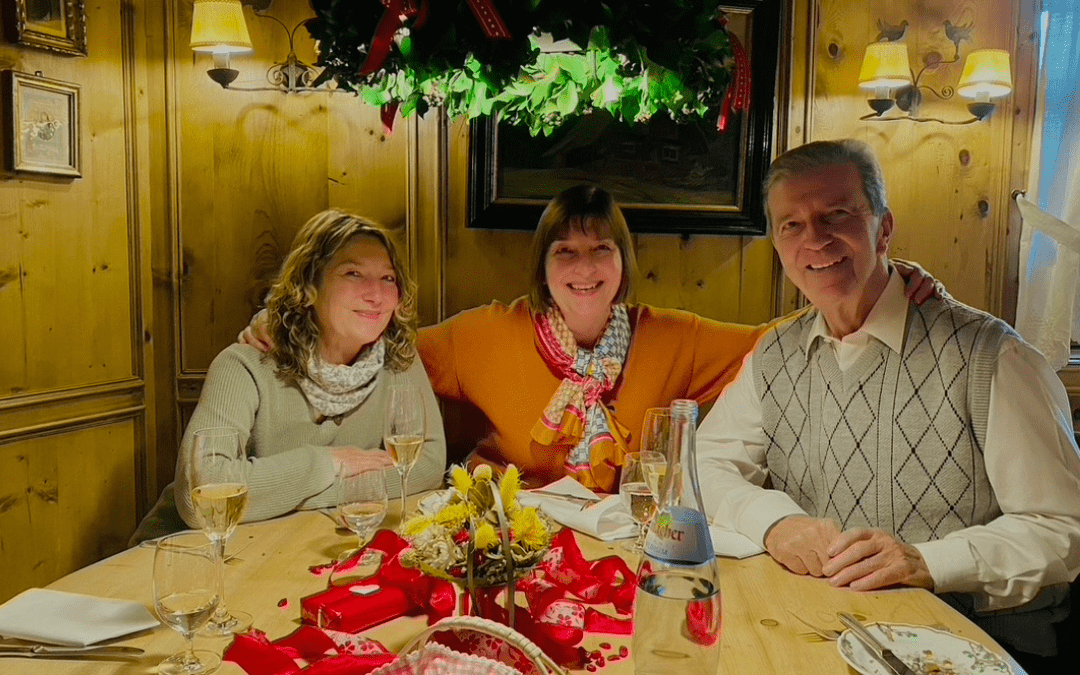 Family photo at my "birthday table" in the village parlors of the Hotel Bareiss in Baiersbronn - from left: my sister, me, our father - angiestravelroutes.com