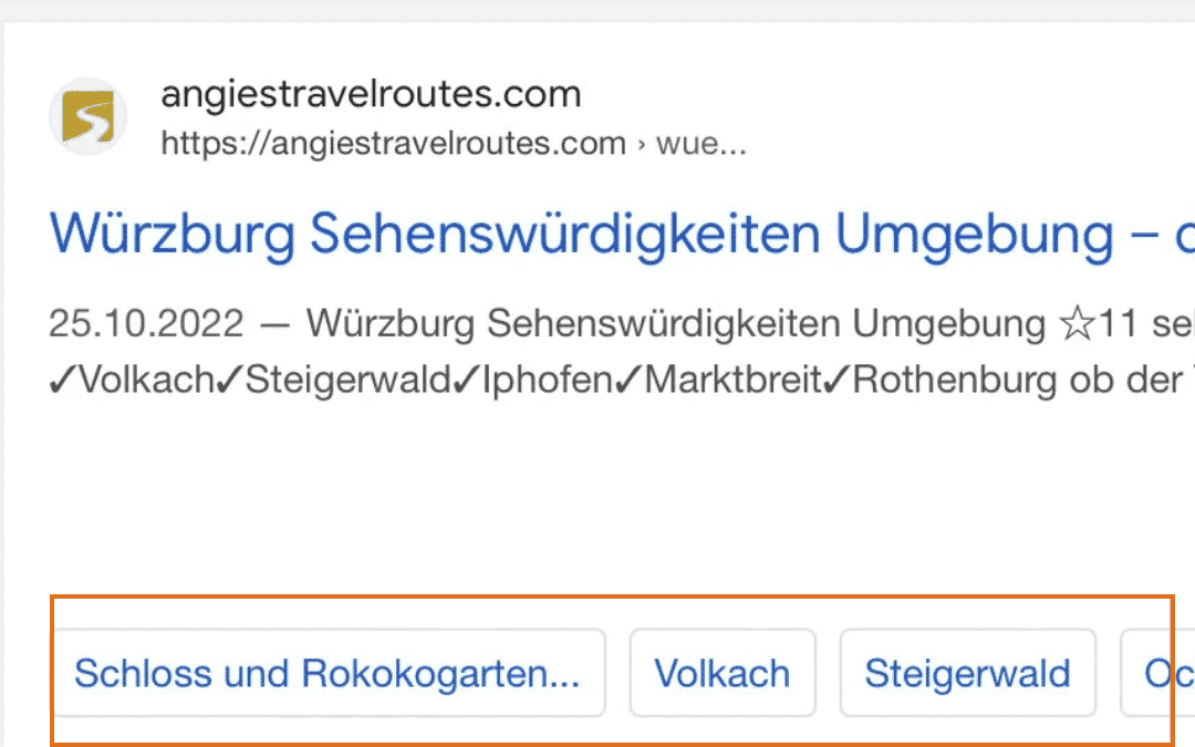 Screen shot Google search result Day Trips from Wurzburg - featured snippet with highlighted subheadings - angiestravelroutes.com