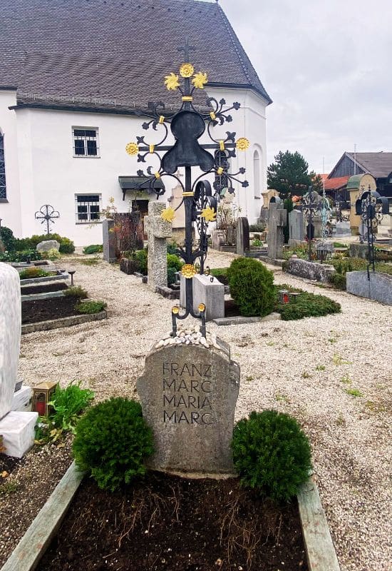 Kochel am See, cemetery - grave of Franz and Maria Marc - simple standing gravestone with wrought-iron cross on top