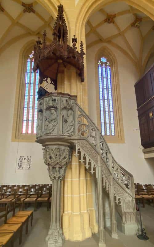 Collegiate church Herrenberg - sandstone pulpit by Hanselmann - angiestravelroutes.com