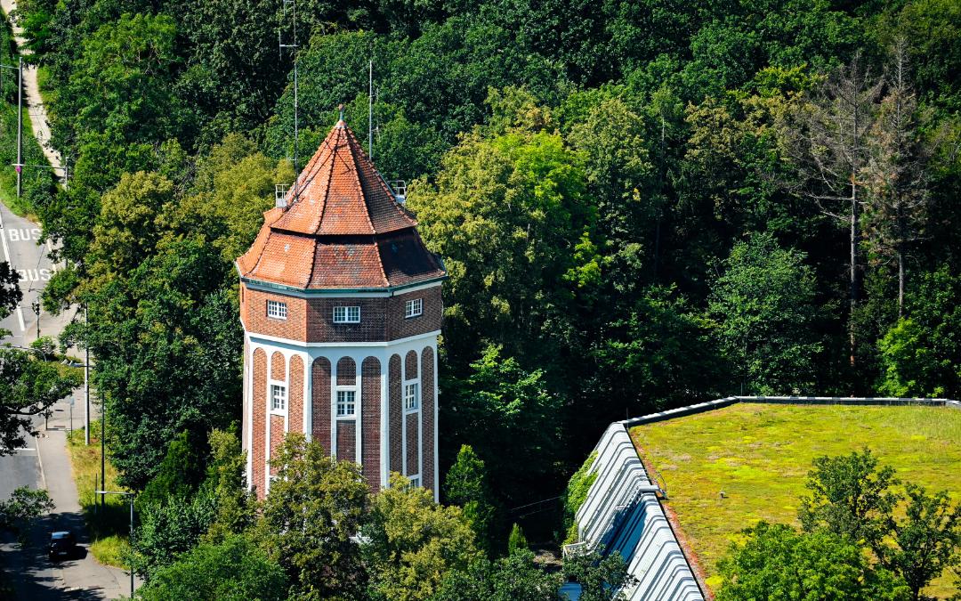 Historic water tower, Stuttgart-Degerloch - polygonal brick building with exposed brickwork - angiestravelroutes.com