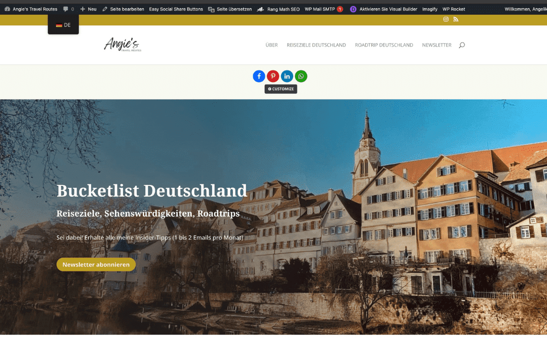Bildschirmaufnahme meiner Startseite mit meinem neuen Claim "Bucketlist Deutschland" - angiestravelroutes.com