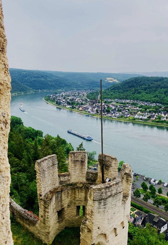 View from Marksburg Castle of the Rhine and the rolling landscape of the Middle Rhine Valley