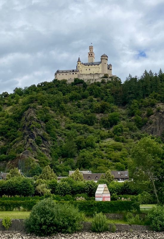View of Marksburg Castle near Braubach during a boat cruise on the Rhine