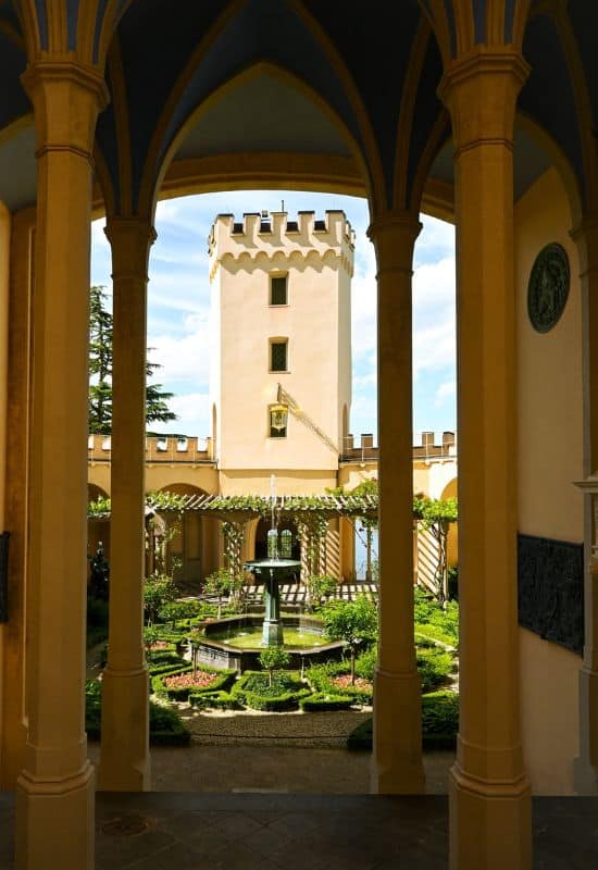 View through the arcades into the pergola garden at Stolzenfels Castle near Koblenz