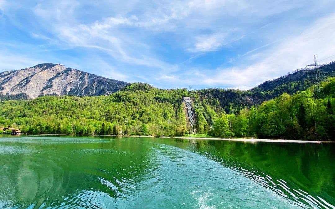 Kochelsee, view from the boat to Walchensee power station and Herzogstand