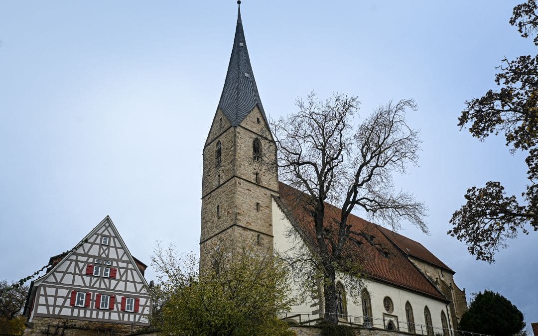 The late Gothic Alexanderkirche rises above the old town of Marbach - angiestravelroutes.com