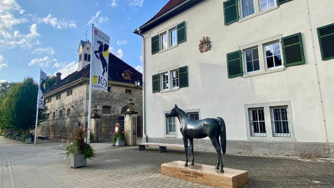 Main and State Stud Marbach, entrance area, with 2 flags for the 100th stallion parade, in front of the main building the statue of the famous stallion Hadban Enzahi - angiestravelroutes.com