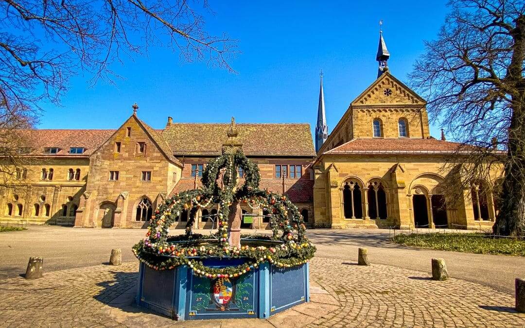 The Easter decorated fountain in the monastery courtyard in front of Maulbronn Monastery - angiestravelroutes.com