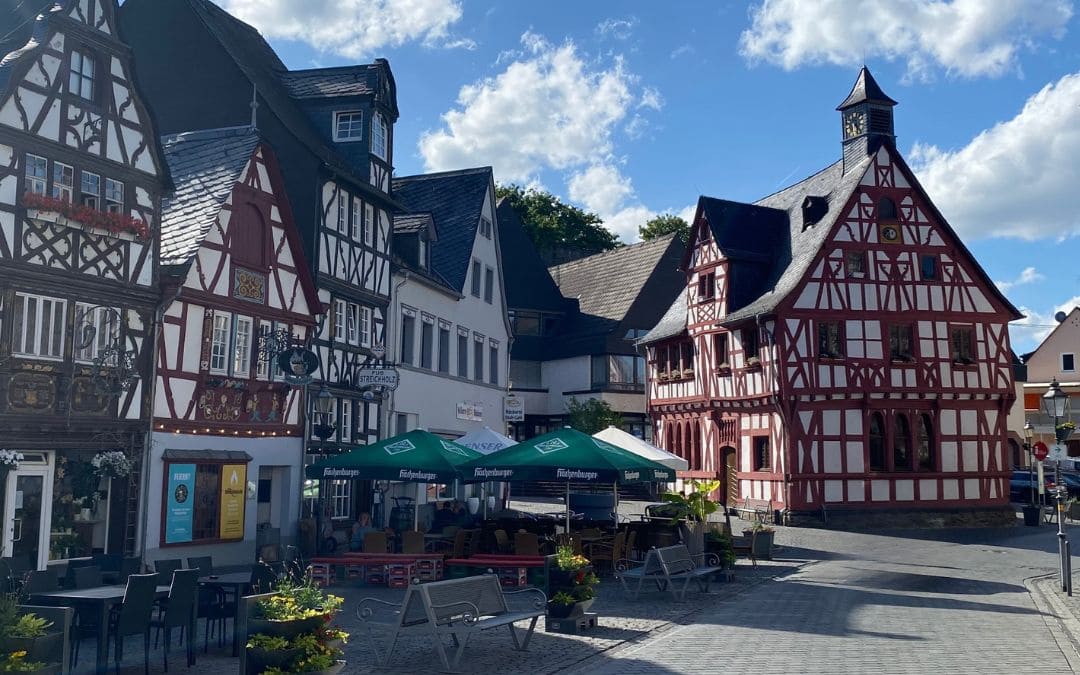 The Old Town Hall and other half-timbered houses in the historic Rhine town of Rhens