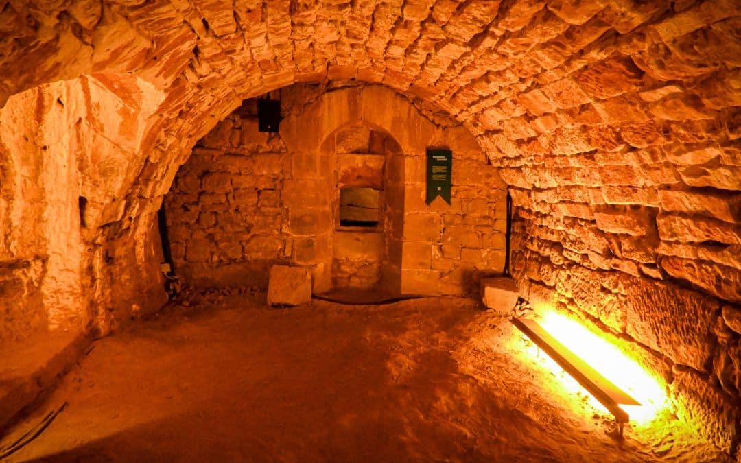Illuminated sandstone casemate beneath Saarbrücken Castle