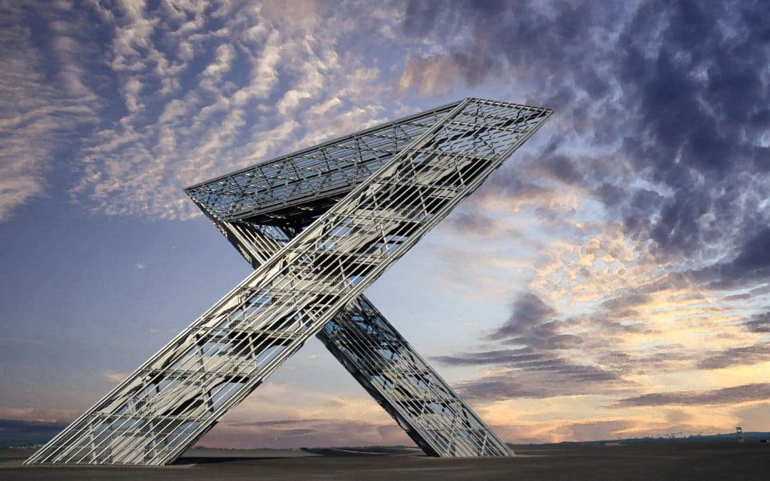 Close-up of the Saarpolygon from below against a dramatic evening sky