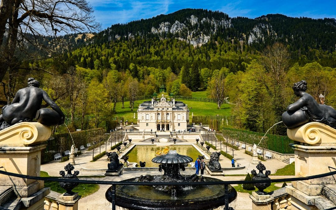 Linderhof Palace - View of the palace and Ammergebirge mountains from the terraced gardens