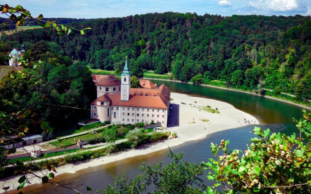 Most beautiful regions of Germany - Altmühltal - View of Weltenburg Abbey from the vantage point on the panoramic trail above the Danube - angiestravelroutes.com
