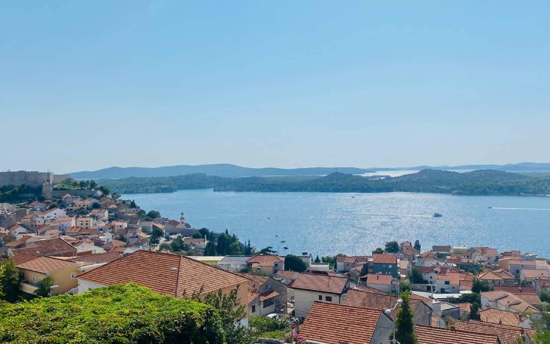 Šibenik - View of the town and the Adriatic Sea with offshore islands from the balcony of our vacation apartment - angiestravelroutes.com