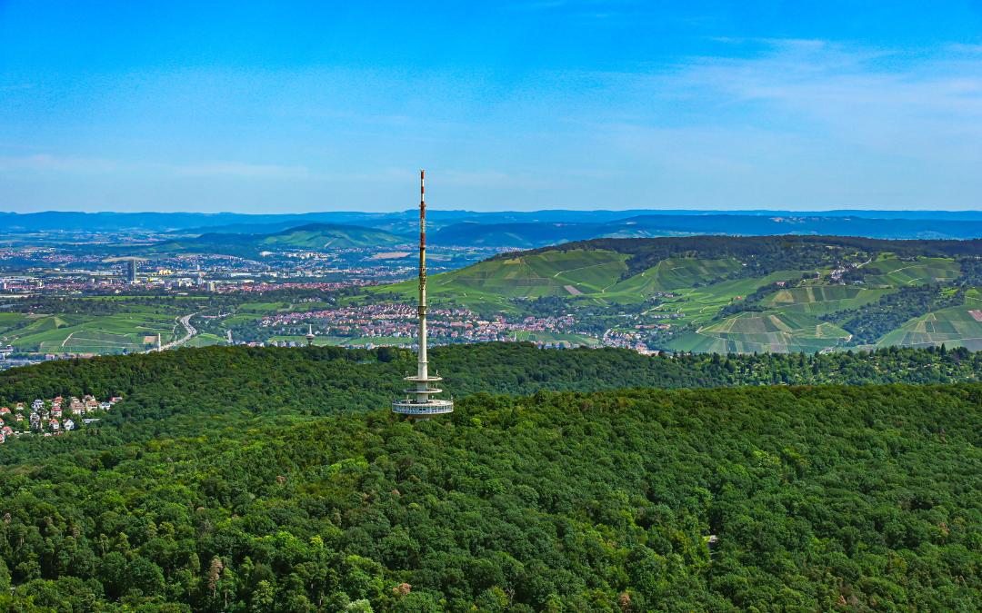 View from the Stuttgart television tower to the telecommunications tower on the Frauenkopf, with the Swabian Alb in the background - angiestravelroutes.com