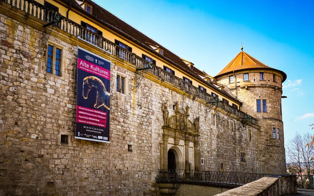 Hohentübingen Palace - exterior view with banner of the bird herding horse on the outer wall