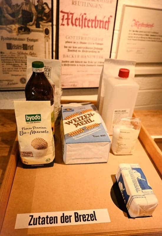 Tübingen City Museum - hands-on pretzel table: pretzel ingredients (including sunflower oil, wheatmehr, sea salt, lye and yeast)