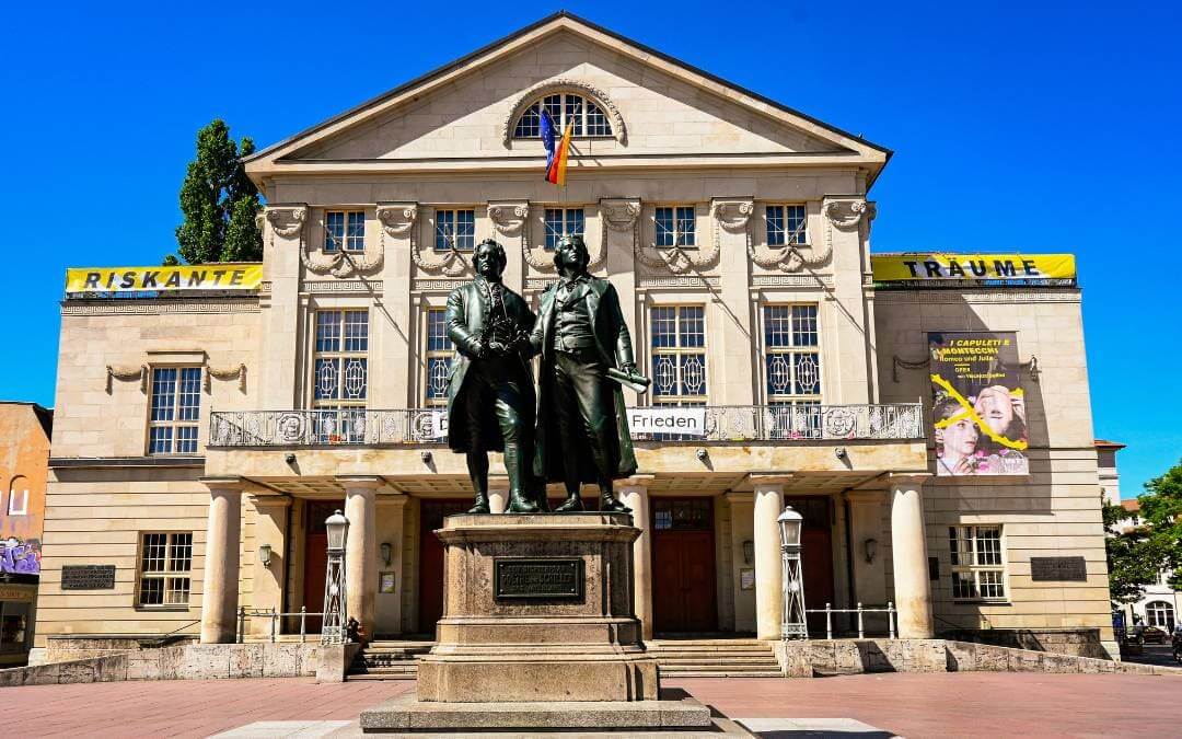Weimar - Theaterplatz - Goethe-Schiller Monument and German National Theater - angiestravelroutes.com